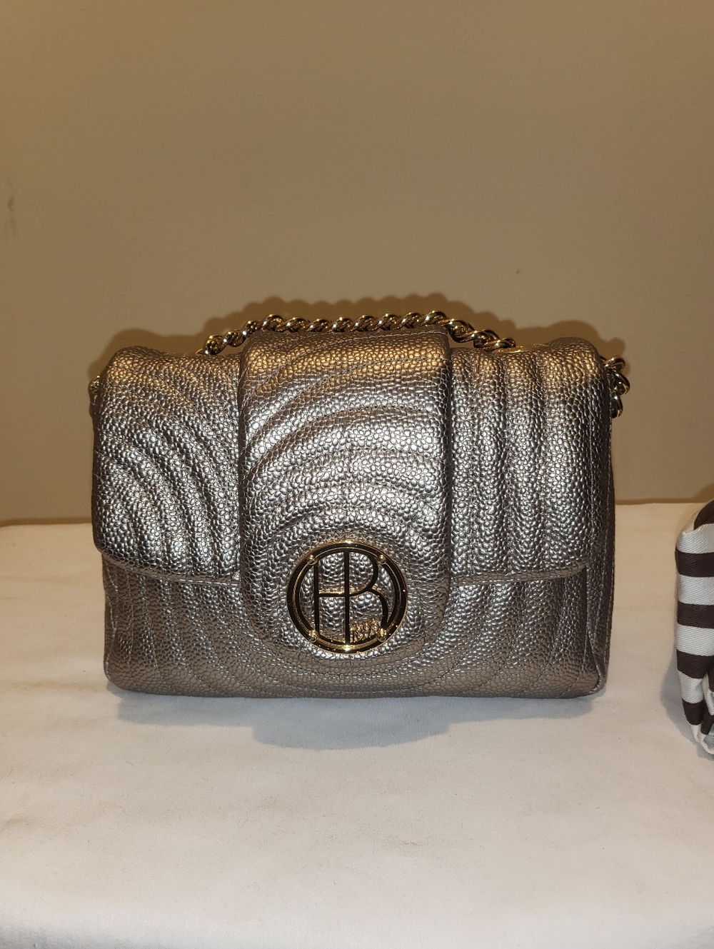 henri bendel Metallic Silver Quilted Crossbody with Gold Logo